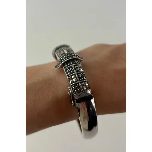 Judith Jack Sterling Marcasite Buckle Bracelet Vintage JJ Logo Silver Clasp - Picture 3 of 7